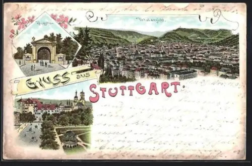 Lithographie Stuttgart, Königsthor, Blick auf den Ort