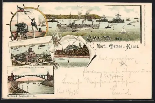 Lithographie Levensau /Nord-Ostsee-Kanal, Kriegshafen, Hochbrücke bei Levensau, Kgl. Schloss