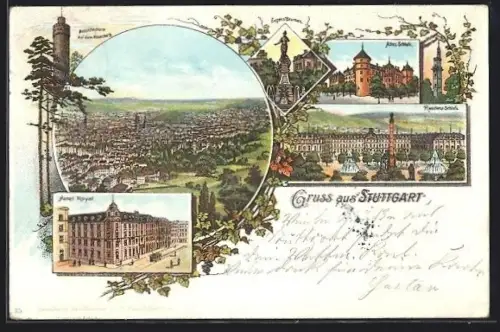 Lithographie Stuttgart, Hotel Royal, Altes Schloss, Residenzschloss