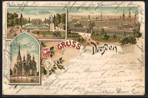 Lithographie Dresden, Zwinger, Palais Gr. Garten, Russische Kirche