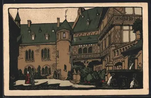 Steindruck-AK Wernigerode, Im Schlosshof