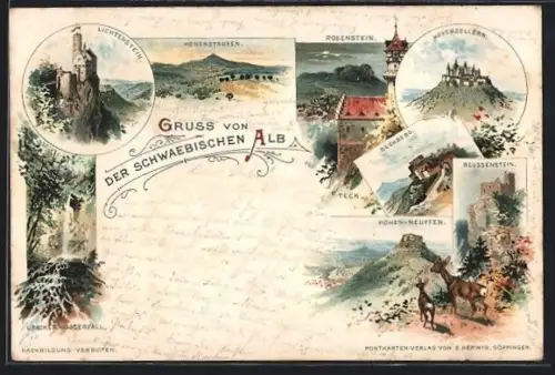 Lithographie Honau, Blick auf den Lichtenstein, Hohenstaufen, Rosenstein, Rechberg