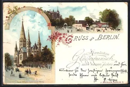 Lithographie Berlin-Tiergarten, Kaiser-Wilhelm-Gedächtniskirche und Stadtpartie