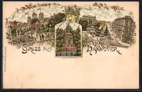 Lithographie Hannover, Etablissement Tivoli, Kriegerdenkmal und Georgstrasse mit Café Kröpcke