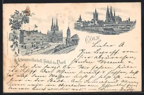 Vorläufer-Lithographie Cöln, 1895, Teilansicht und Hôtel du Nord mit Eisenbahn