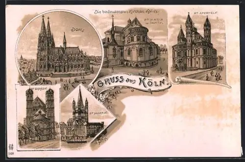Lithographie Köln, Dom, St. Aposteln und weitere Kirchen