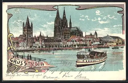 AK Köln, Wasserpartie mit Blick auf den Dom