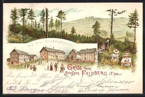 Lithographie Feldberg i.T., Die drei Feldberghäuser, Spaziergänger im Walde