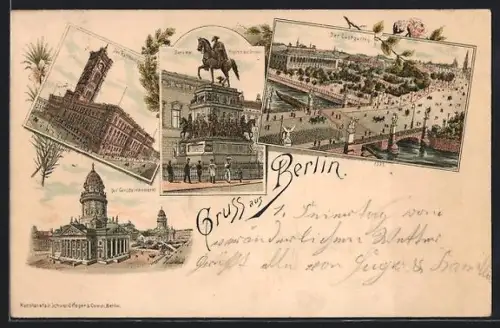 Lithographie Berlin, Der Gendarmenmarkt, Denkmal Friedrich des Grossen, Das Rathaus