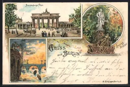 Lithographie Berlin, Brandenburger Tor, Lessing - Denkmal, Stadtbahn