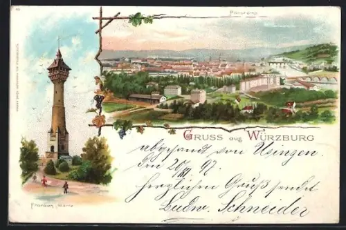 Lithographie Würzburg, Panorama, Franken-Warte