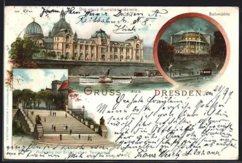 Lithographie Dresden, neue Kunstakademie, Belvedere, Aufgang zur Brühlschen Terrasse