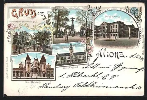 Lithographie Hamburg-Altona, Siegesdenkmal, Palmaille mit Blücherdenkmal