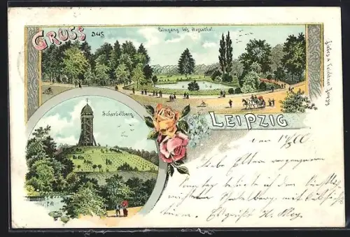 Lithographie Leipzig, Eingang ins Rosenthal, Aussichtsturm auf dem Scherbelberg