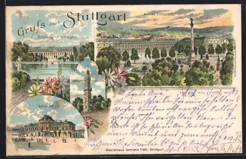 Lithographie Stuttgart, Schloss mit Anlagen, Solitude, Degerlocher Aussichtsturm