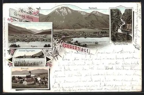 Lithographie Tegernsee, Ortsansichten von Egern, Schloss Tegernsee, Gmund, Rottach und Rottach-Fälle