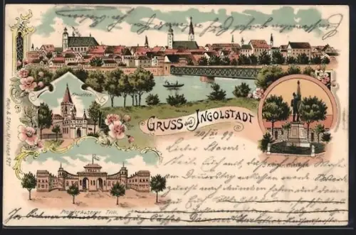 Lithographie Ingolstadt, Kreuzthor, Pionierkaserne Tilli, Kriegerdenkmal