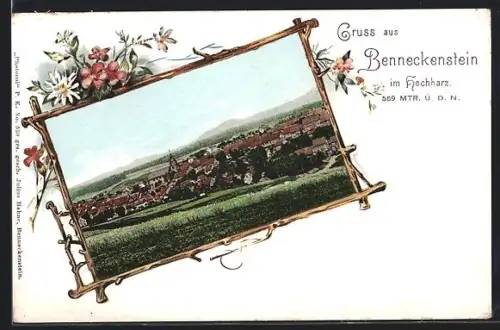 Lithographie Benneckenstein, Ortspanorama mit Kirchturm