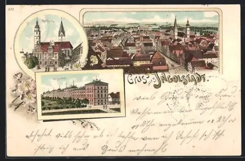 Lithographie Ingolstadt, Rathaus, Kaserne, Teilansicht