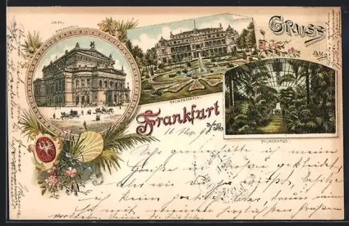 Lithographie Frankfurt a. M., Opernhaus, Palmengarten, Palmenhaus