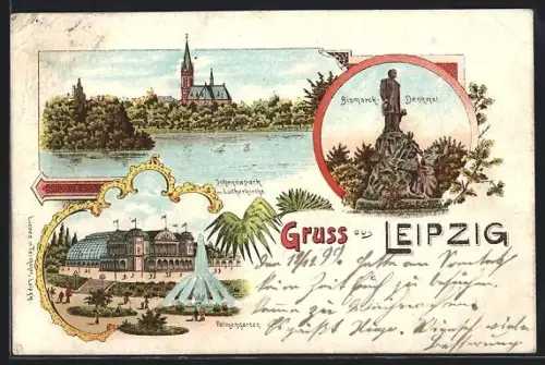 Lithographie Leipzig, Bismarck-Denkmal, Palmengarten