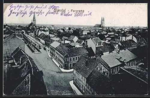 AK Stendal, Panorama über die Dächer des Ortes mit Kirchtürmen