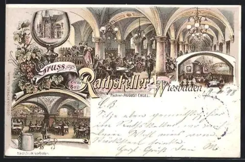 Lithographie Wiesbaden, Rathskeller, Innenansichten, Pächter August Engel