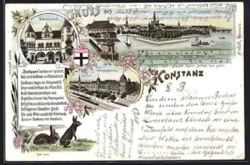 Lithographie Konstanz, Bahnhofshotel, Oberpostdirektion, Seestrasse
