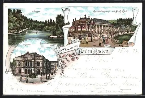 Lithographie Baden-Baden, Konzertsaal, Museum, Wildsee