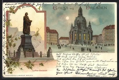 Lithographie Dresden, Frauenkirche, Luther-Denkmal