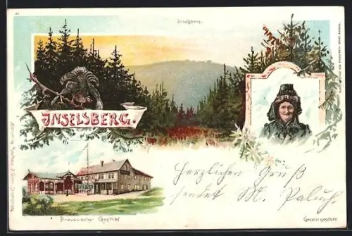 Lithographie Inselsberg, Preussischer Gasthof, Waldlandschaft, Frau in Tracht