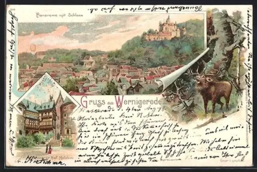 Lithographie Wernigerode, Panorama mit Schloss, Hotel Weisser Hirsch, Hirschmotiv