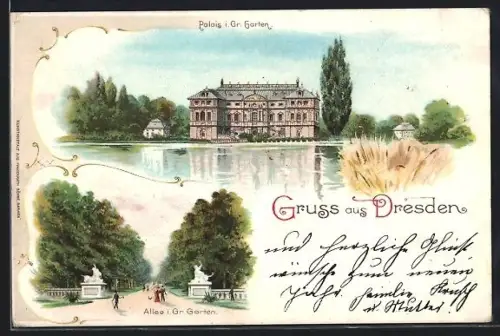 Lithographie Dresden, Palais im Grossen Garten, Allee im Grossen Garten