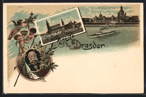 Lithographie Dresden, Schloss, Hofkirche, Königliche Kunst-Akademie