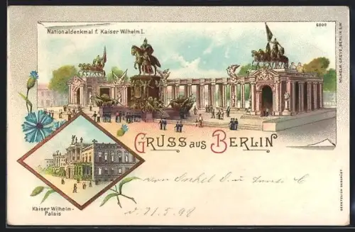 Lithographie Berlin, Nationaldenkmal für Kaiser Wilhelm I., Kaiser Wilhelm-Palais