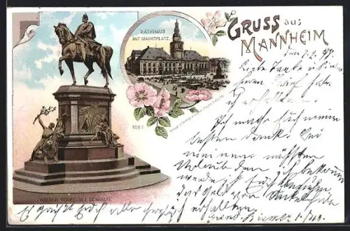 Lithographie Mannheim, Kaiser Wilhelm Denkmal, Rathaus mit Marktplatz