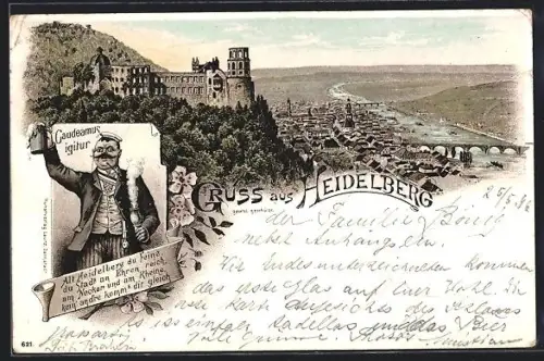 Lithographie Heidelberg, Schloss, Altstadt, Alte Brücke, Portrait eines trinkenden Verbindungsstudenten