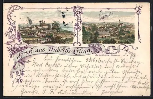 Lithographie Andechs-Erling, Gesamtansicht, Schloss, Klosterkirche