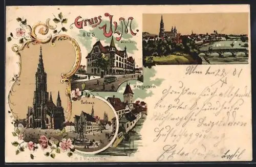 Lithographie Ulm, Münster, Rathaus, Metzgerthurm