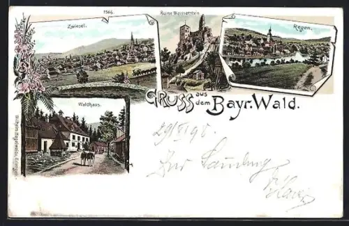 Lithographie Zwiesel /Bayer. Wald, Stadtansicht, Ruine Weissenstein, Regen, Waldhaus