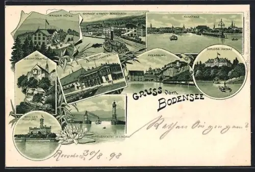 Lithographie Konstanz, Bodensee, Schloss Montfort, Hafen Lindau, Schloss Hohenklingen, Schloss Mainau