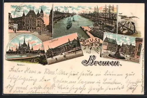 Lithographie Bremen, Börse, Hafen, Rathhaus, Roland