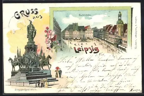 Lithographie Leipzig, Siegesdenkmal, Marktplatz