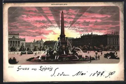 Lithographie Leipzig, Augustusplatz mit Brunnen und umliegenden Gebäuden