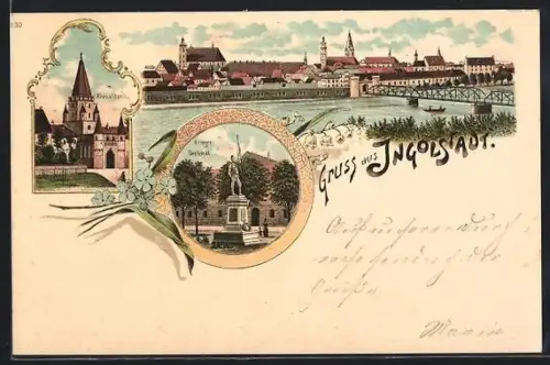 Lithographie Ingolstadt, Kreuztor, Kettenbrücke, Luitpold-Denkmal