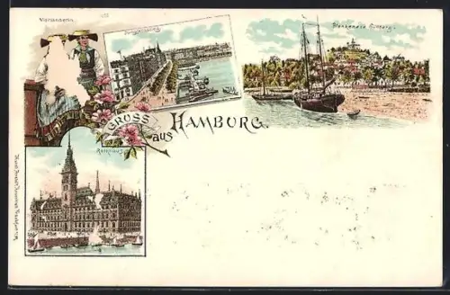 Lithographie Hamburg, Jungfernstieg, Rathaus, Blankenese Süllberg