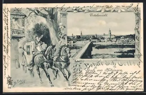 AK Kitzingen, Totalansicht und Postkutsche im Passepartout