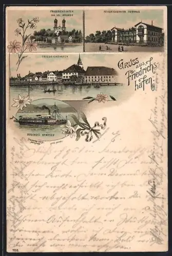 Lithographie Friedrichshafen, Kgl. Schloss, Kurhaus, Bodensee-Dampfer