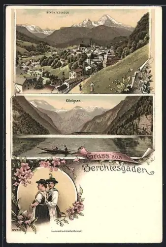 Lithographie Berchtesgaden, Ortsansicht, Königssee