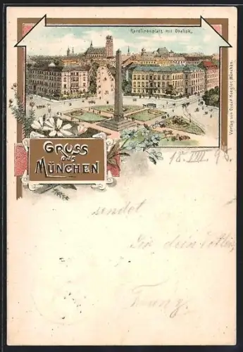 Lithographie München, Karolinenplatz mit Obelisk